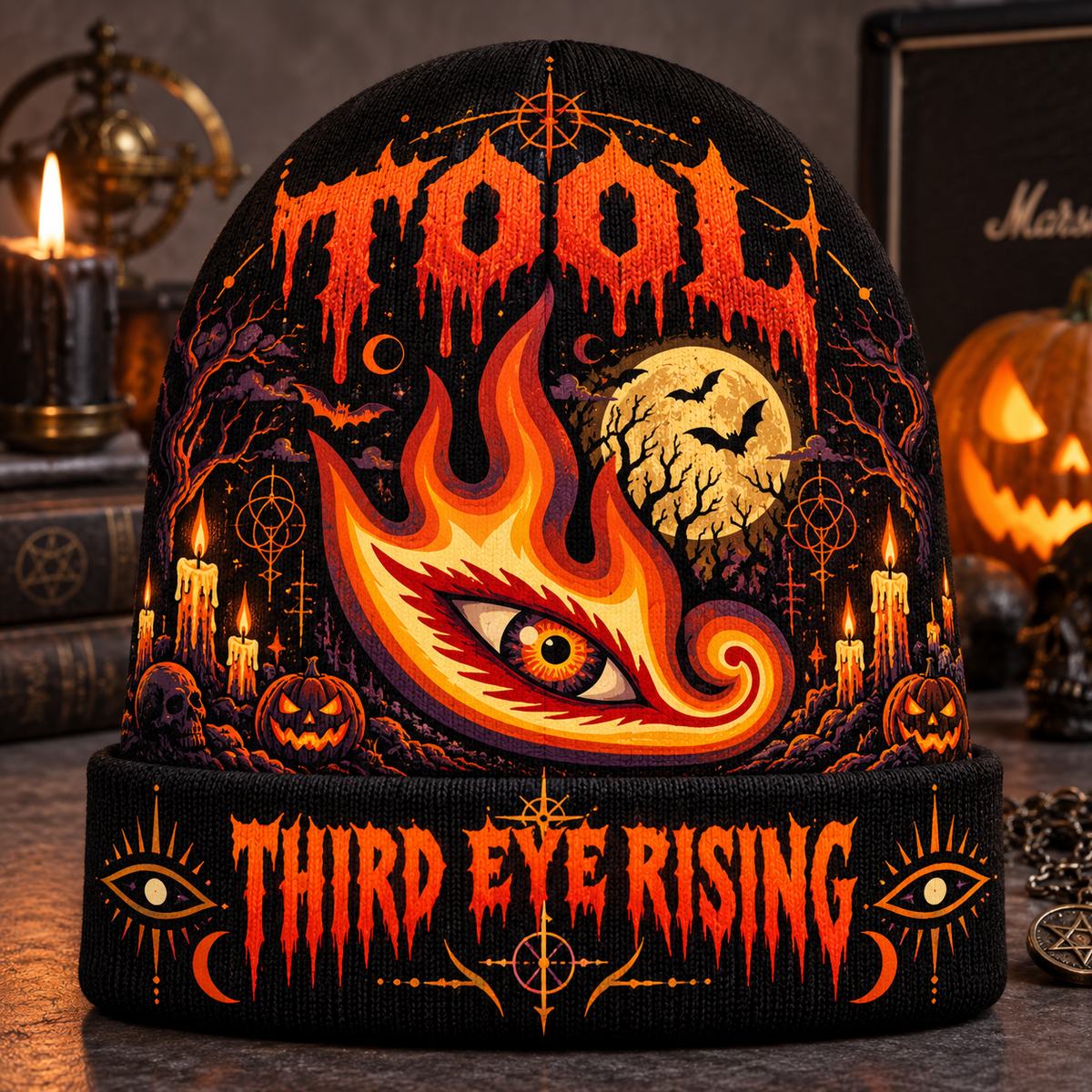 Tool Third Eye Flame Graphic Print Knit Beanie for Midnight Halloween Ritual Walks NDN 2