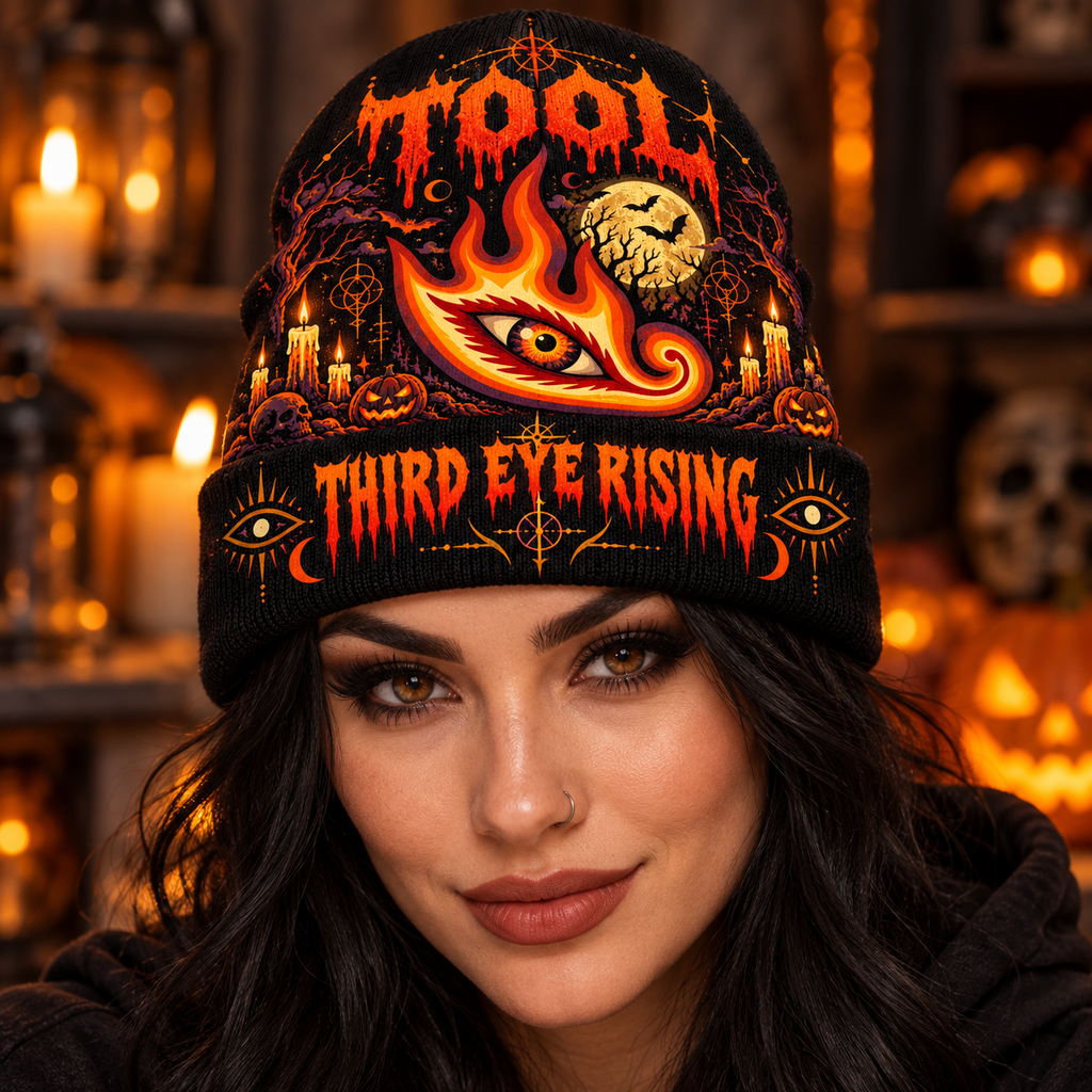 Tool Third Eye Flame Graphic Print Knit Beanie for Midnight Halloween Ritual Walks NDN 3