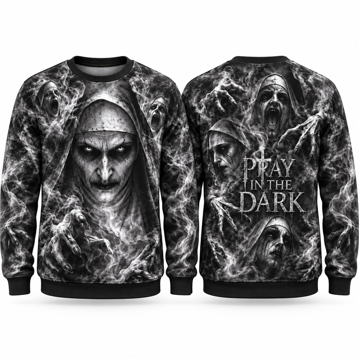 Valak Nun In Hood Pray In The Dark Black Sweater for Convent Horror Night Fans NDN 1