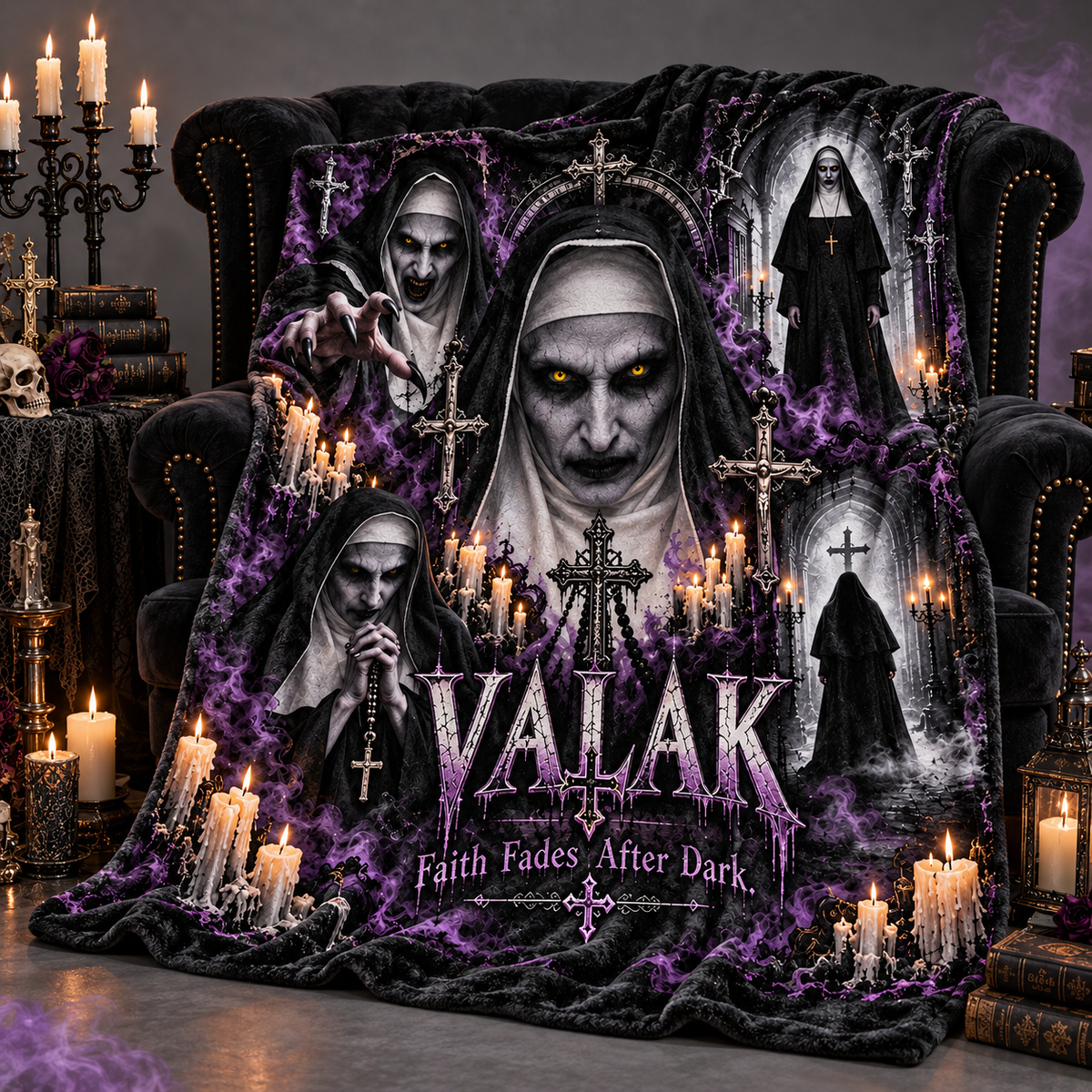 Valak Nun Portrait And Purple Shadows Fleece Blanket For Gothic Horror Movie Nights NDN 2