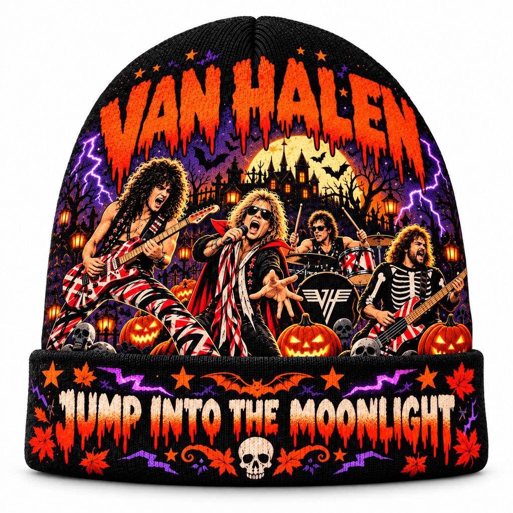 Van Halen Jump Moonlight Graphic Print Knit Beanie for Halloween Rock Crowds NDN 1