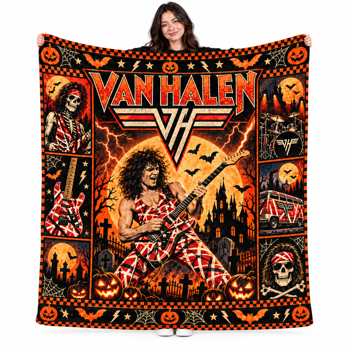 Van Halen Winged Logo And Guitarist Fleece Blanket For Loud Halloween Nights NDN 1