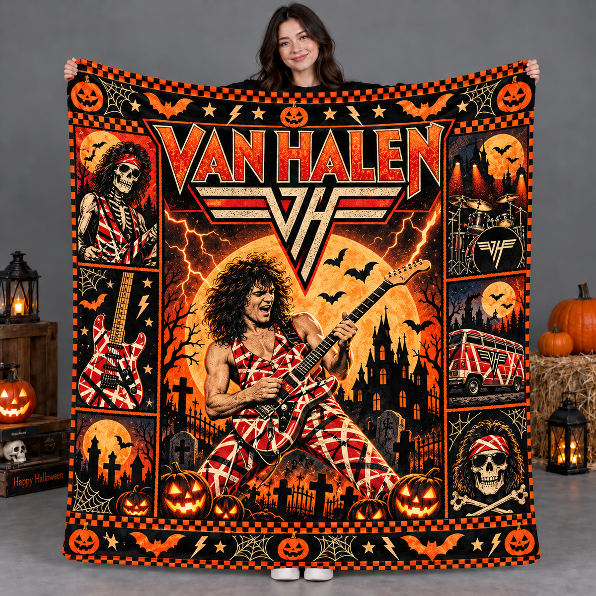 Van Halen Winged Logo And Guitarist Fleece Blanket For Loud Halloween Nights NDN 2