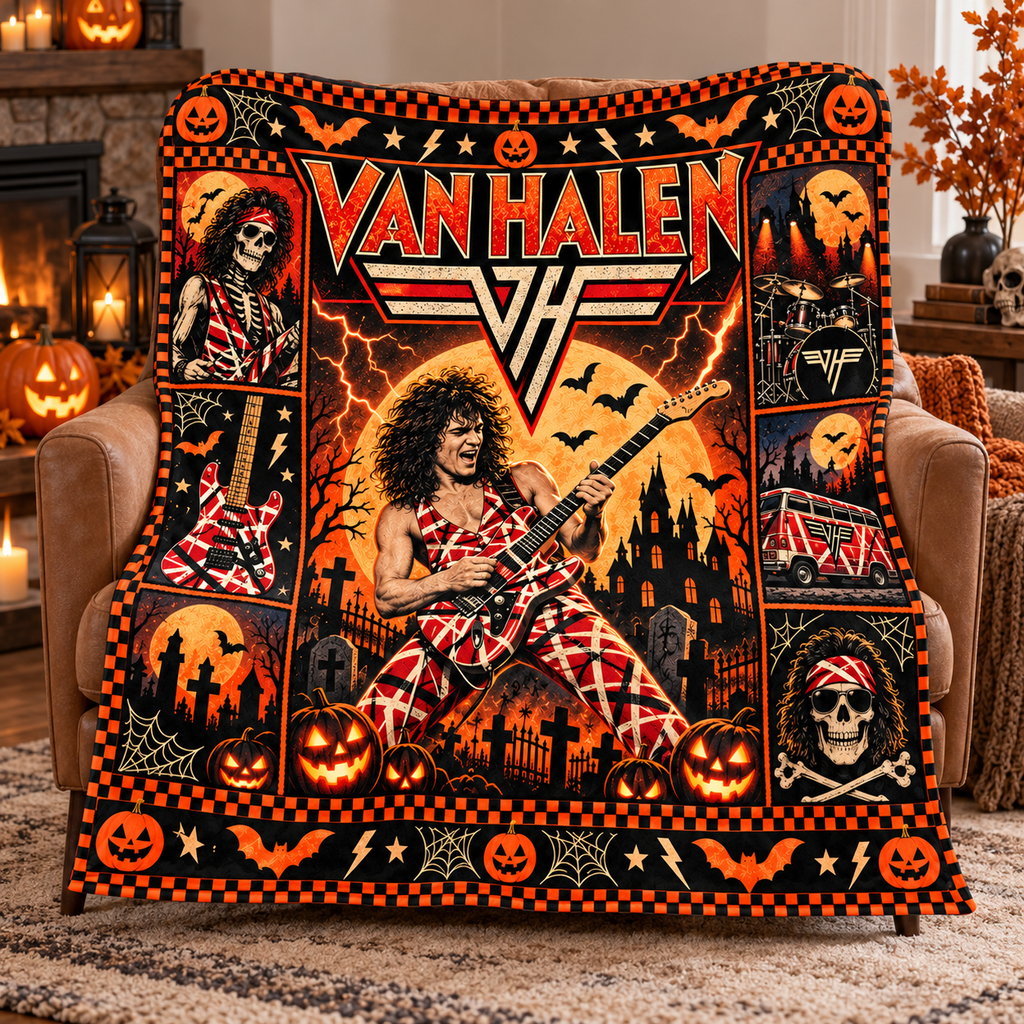 Van Halen Winged Logo And Guitarist Fleece Blanket For Loud Halloween Nights NDN 3