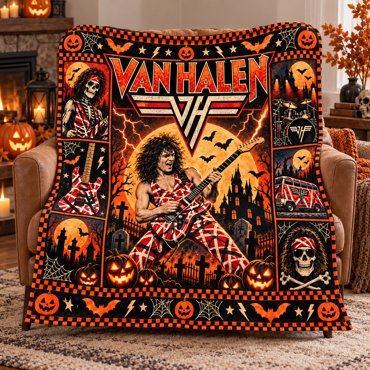Van Halen Winged Logo And Guitarist Fleece Blanket For Loud Halloween Nights NDN 3