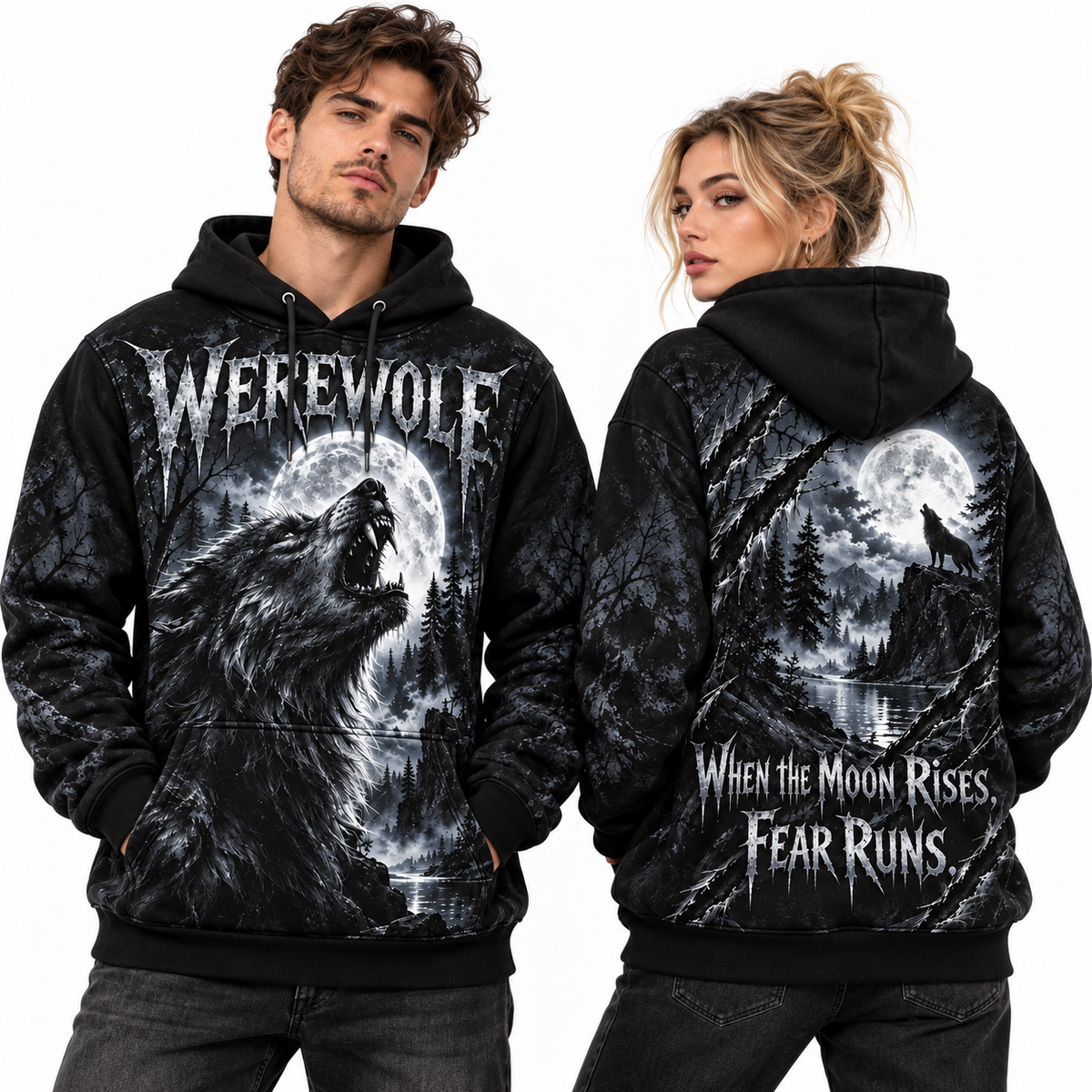 Werewolf Portrait When The Moon Rises Fear Runs Forest Hoodie for Moon Horror Fans NDN 2