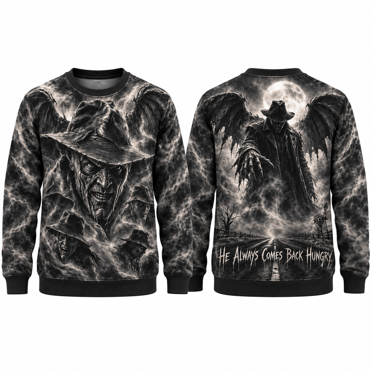 Witch Hat Winged Figure He Always Comes Back Hungry Sweater for Hag Night Fans NDN 1