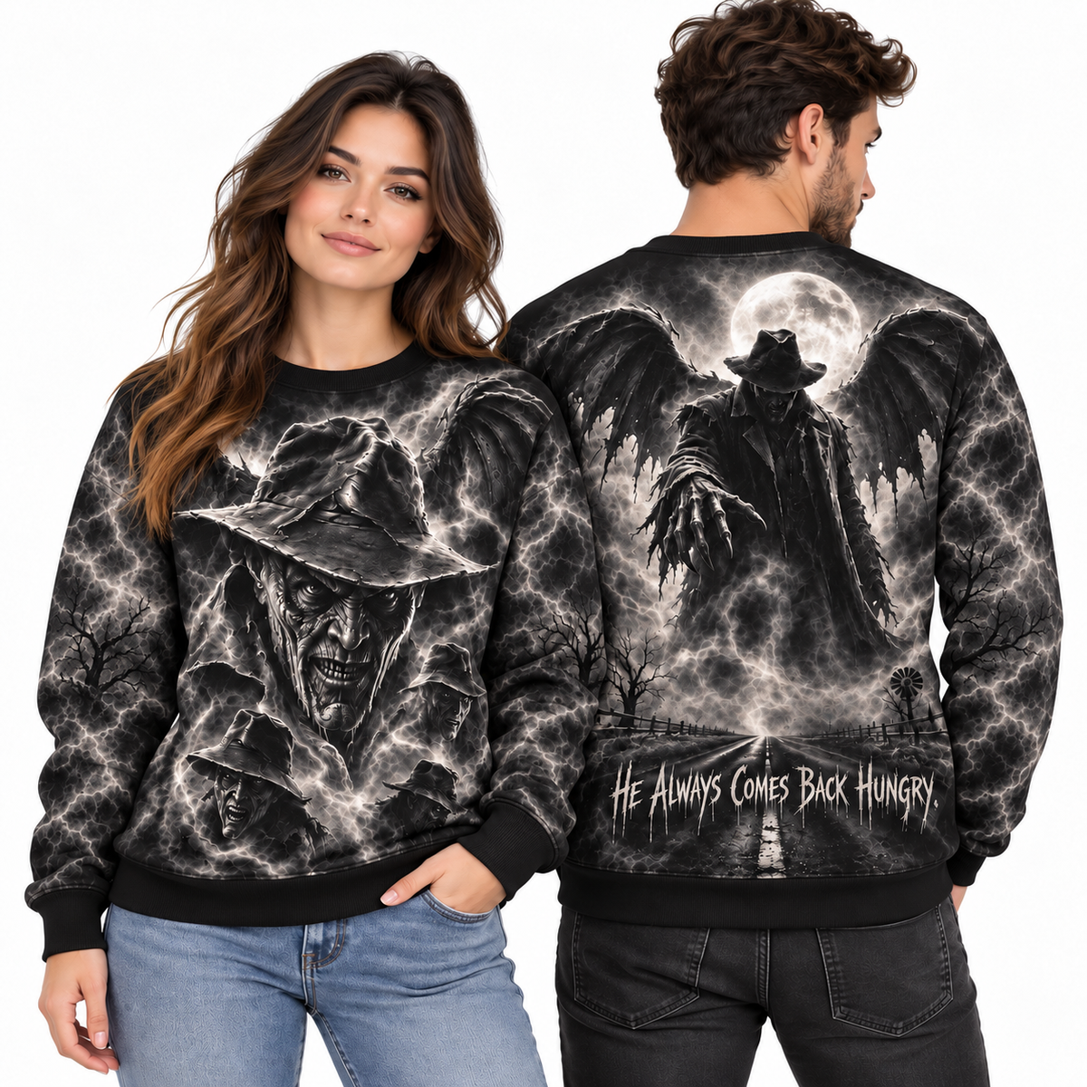 Witch Hat Winged Figure He Always Comes Back Hungry Sweater for Hag Night Fans NDN 2