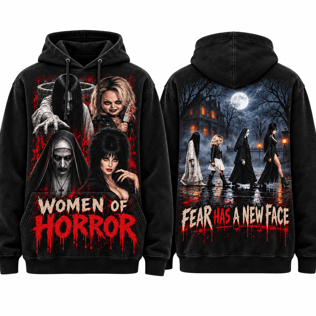 Women Of Horror Four Portraits Fear Has A New Face Cemetery Hoodie for Horror Movie Fans NDN 1